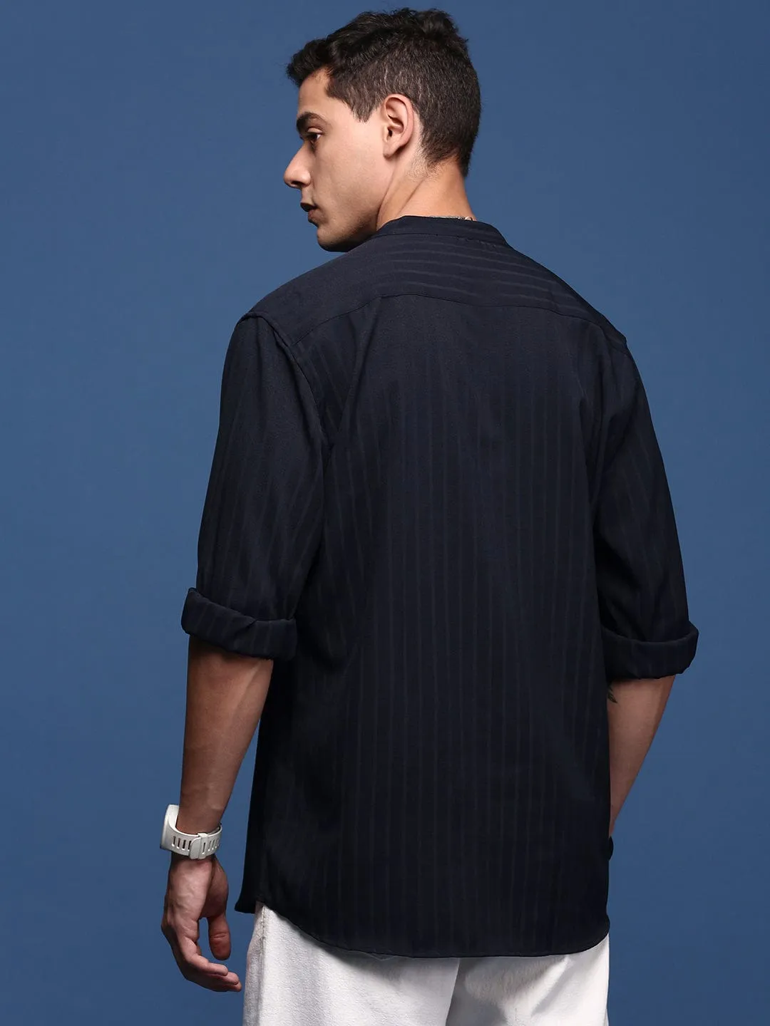 Men's Mandarin Collar Navy Blue Solid Slim Fit Shirt ShrinkageFree Fabric