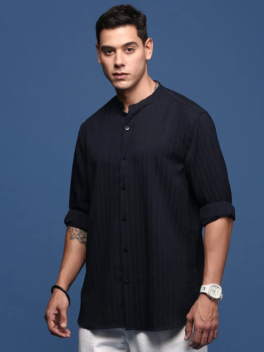 Conscious Fit Faith Core Men's Mandarin Collar Navy Blue Solid Slim Fit Shirt