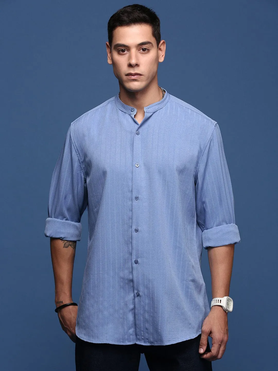 ZeroWaste Production Cold Weather Wear Men's Mandarin Collar Solid Blue Slim Fit Casual Shirt