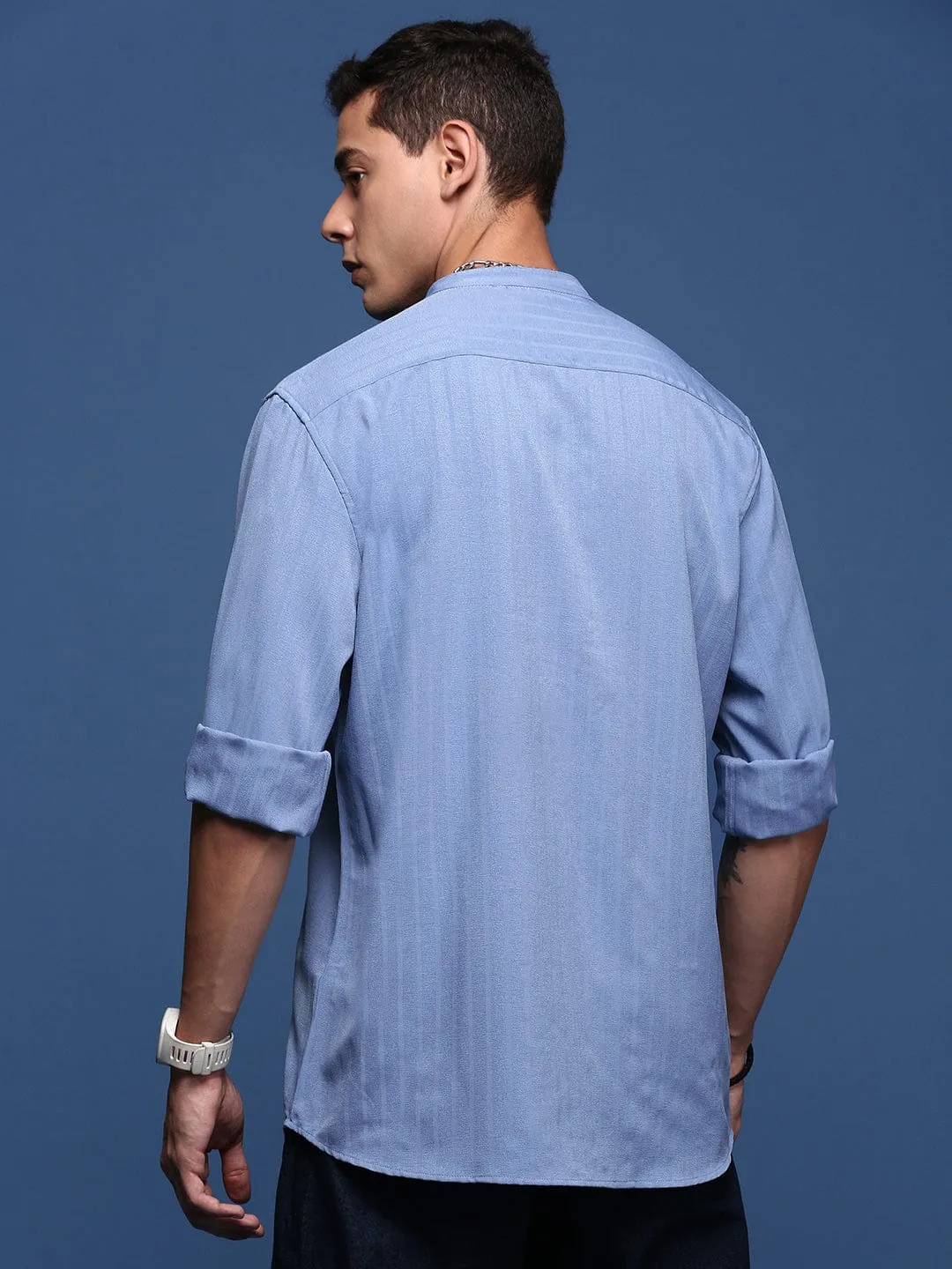 Summer Wear Bonded Seam Technology Men's Mandarin Collar Solid Blue Slim Fit Casual Shirt
