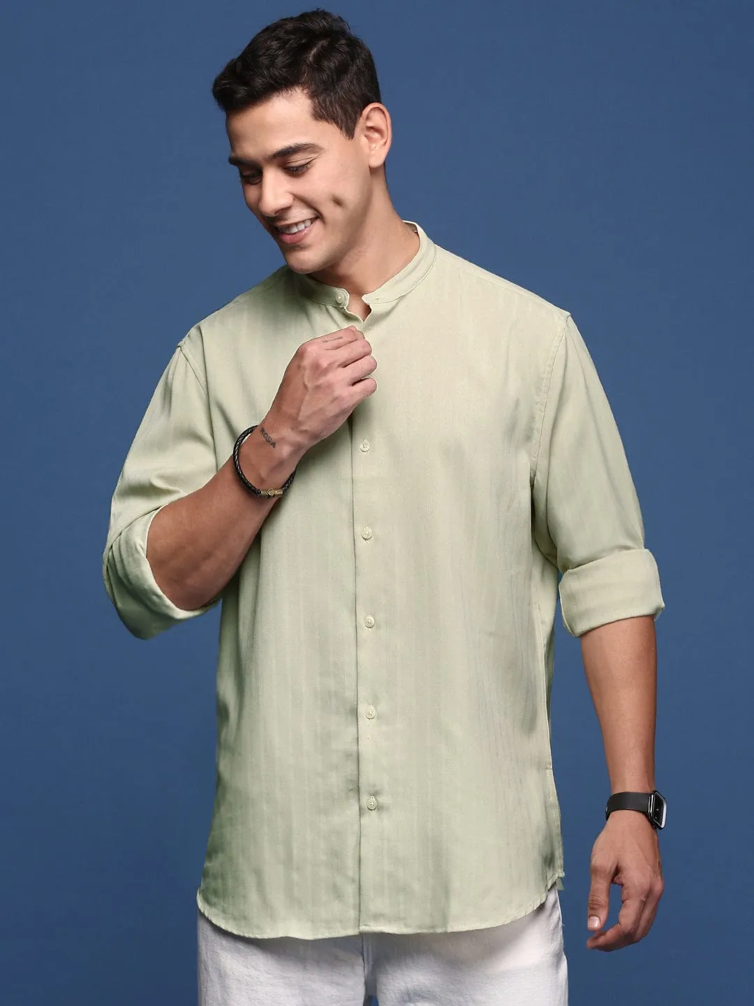 Men's Mandarin Collar Solid Green Slim Fit Shirt China Cool