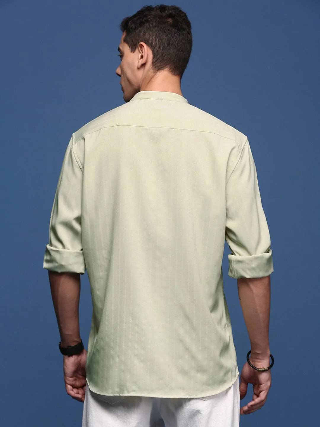 Men's Mandarin Collar Solid Green Slim Fit Shirt Breathable mesh