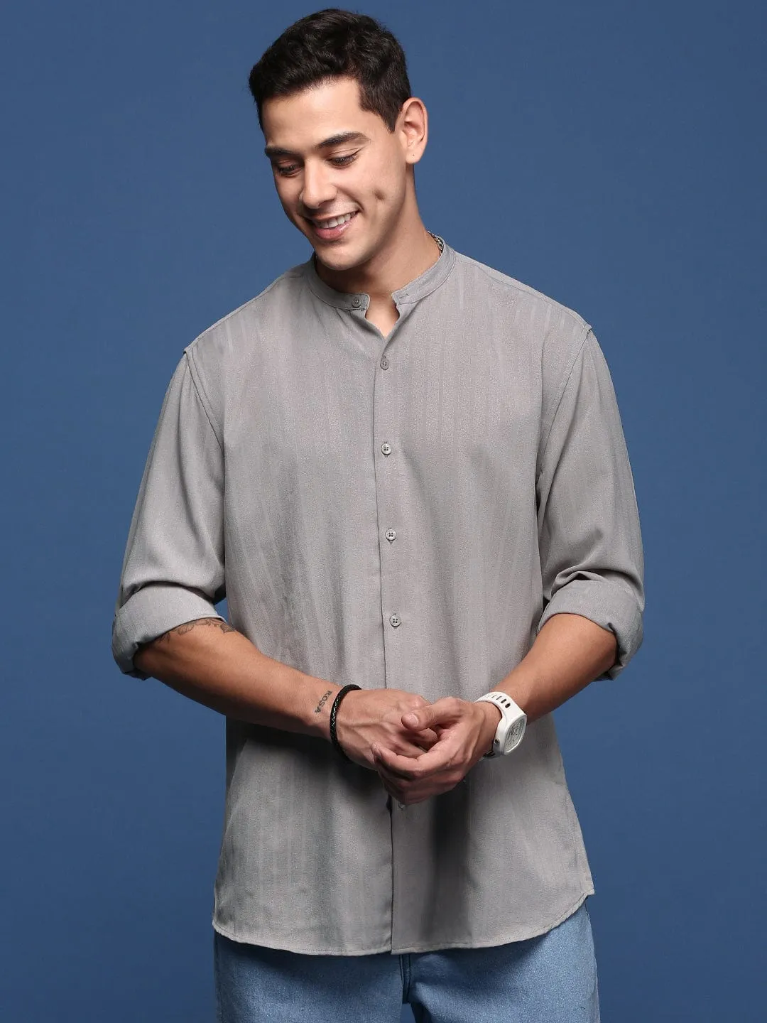 Men's Mandarin Collar Solid Grey Slim Fit Shirt Easy Fit