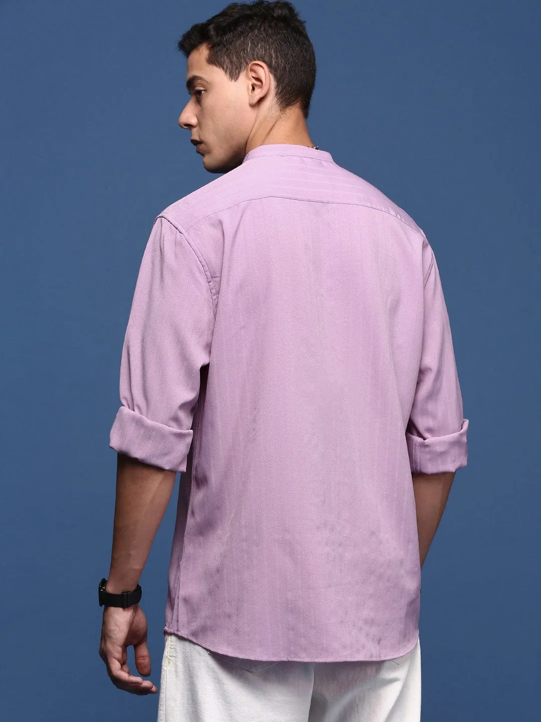 Men's Mandarin Collar Solid Lavender Slim Fit Shirt FlatlockSeaming Euro Mood