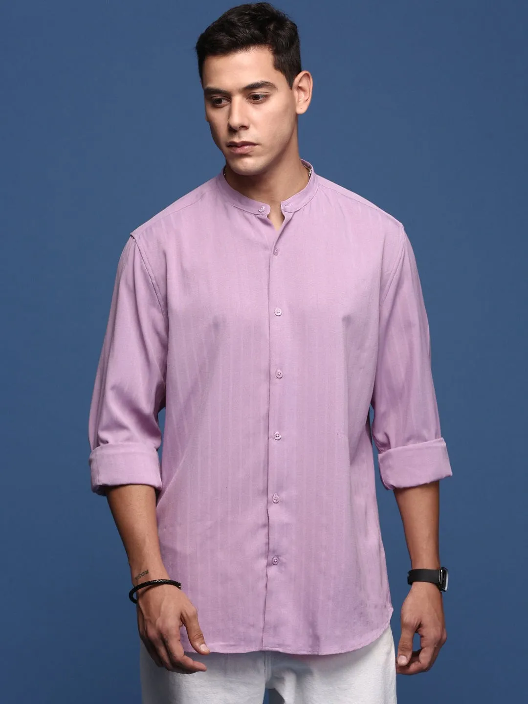 Men's Mandarin Collar Solid Lavender Slim Fit Shirt Soft Core