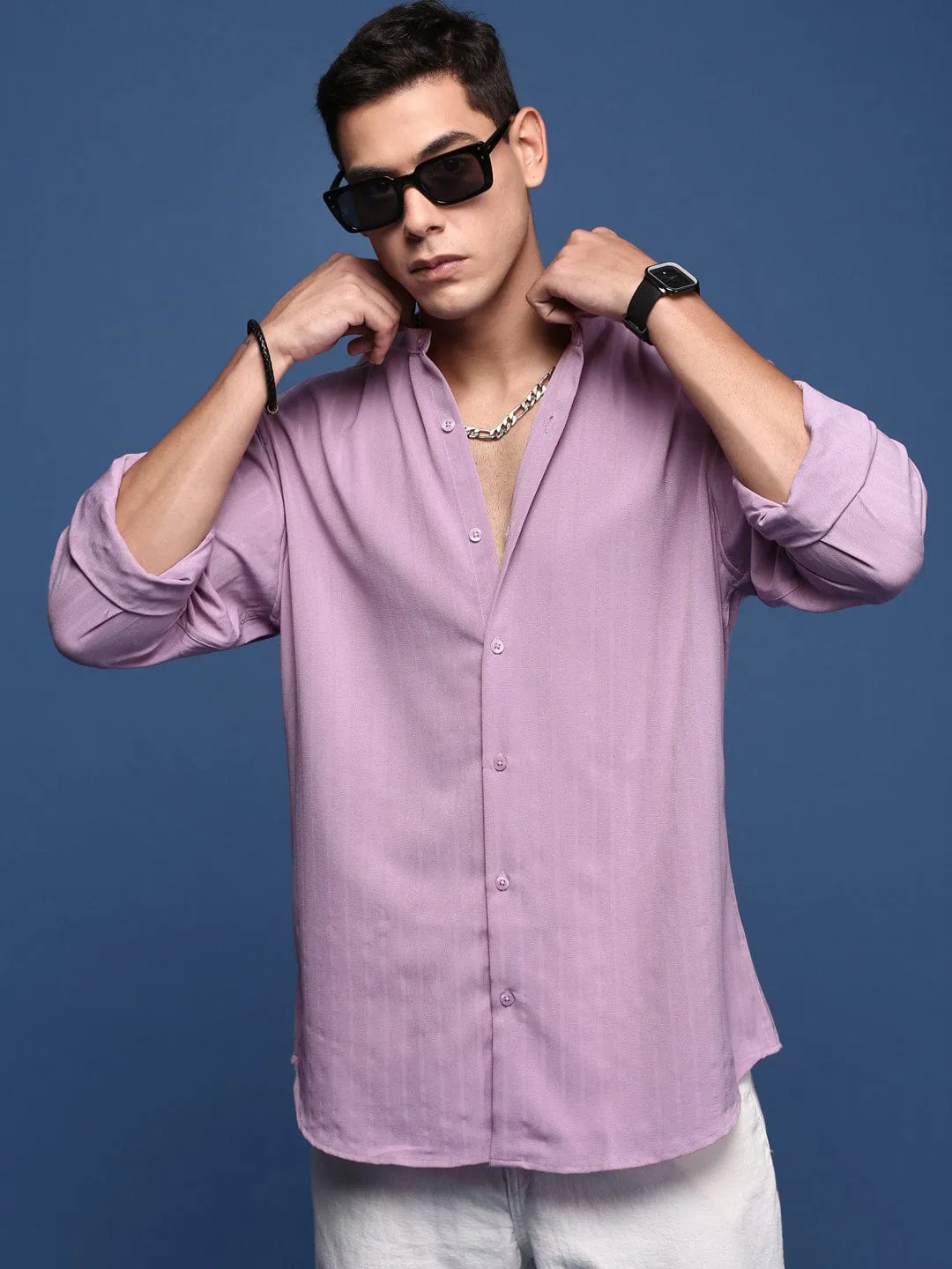 Men's Mandarin Collar Solid Lavender Slim Fit Shirt SnagFree Surface Tulle Soul