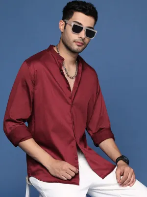 Teen Fresh Men's Mandarin Collar Solid Maroon Slim Fit Shirt