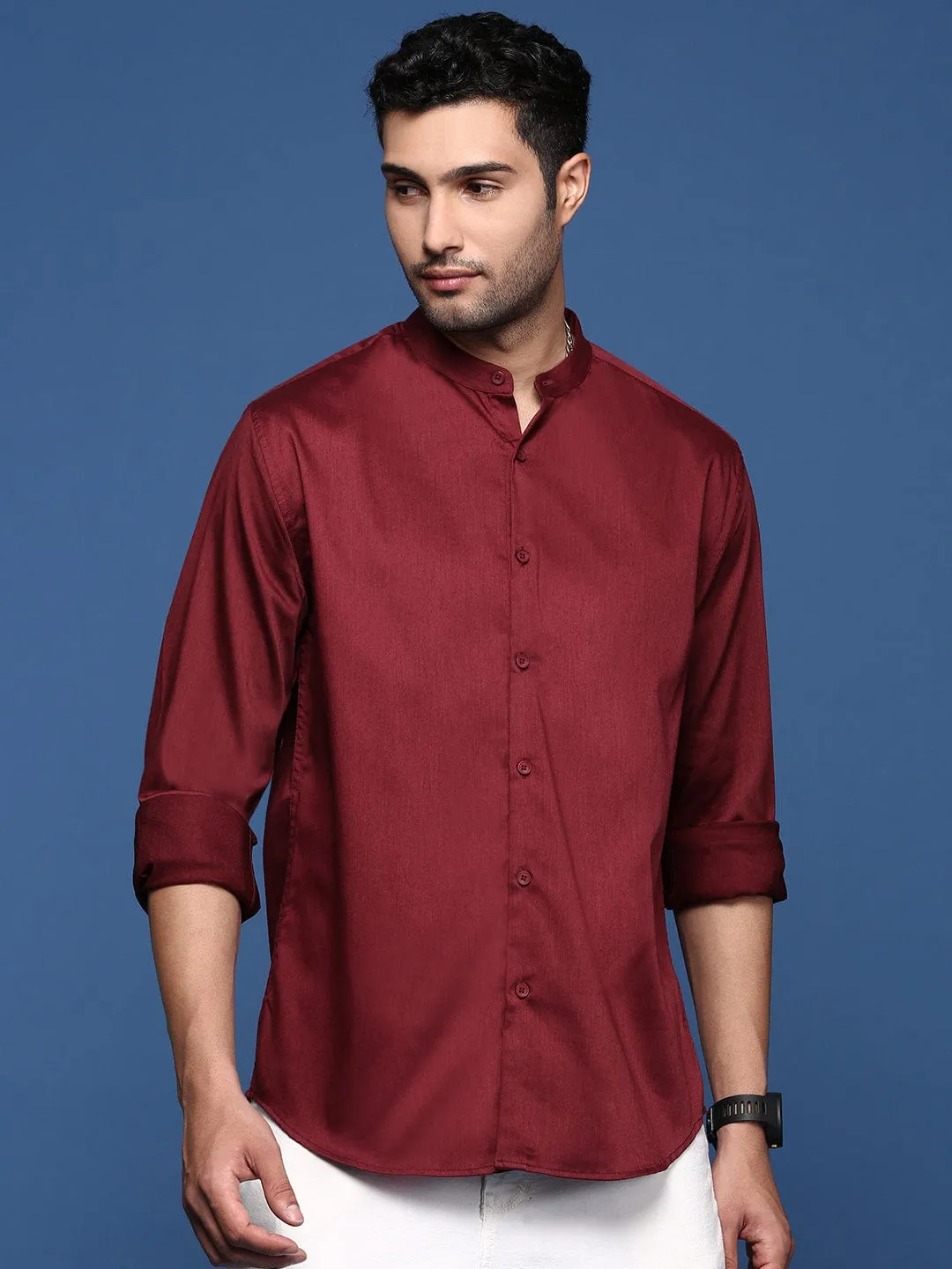 Comfortable Tunic AllSeasonWear Men's Mandarin Collar Solid Maroon Slim Fit Shirt