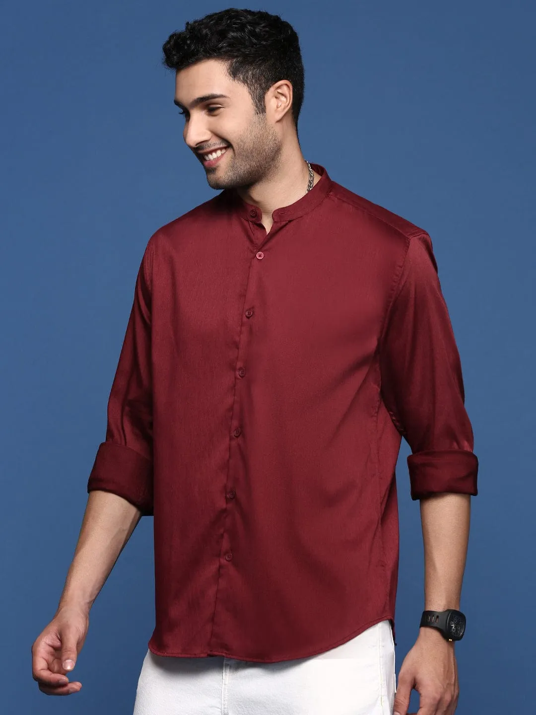 OdorControl Technology Men's Mandarin Collar Solid Maroon Slim Fit Shirt