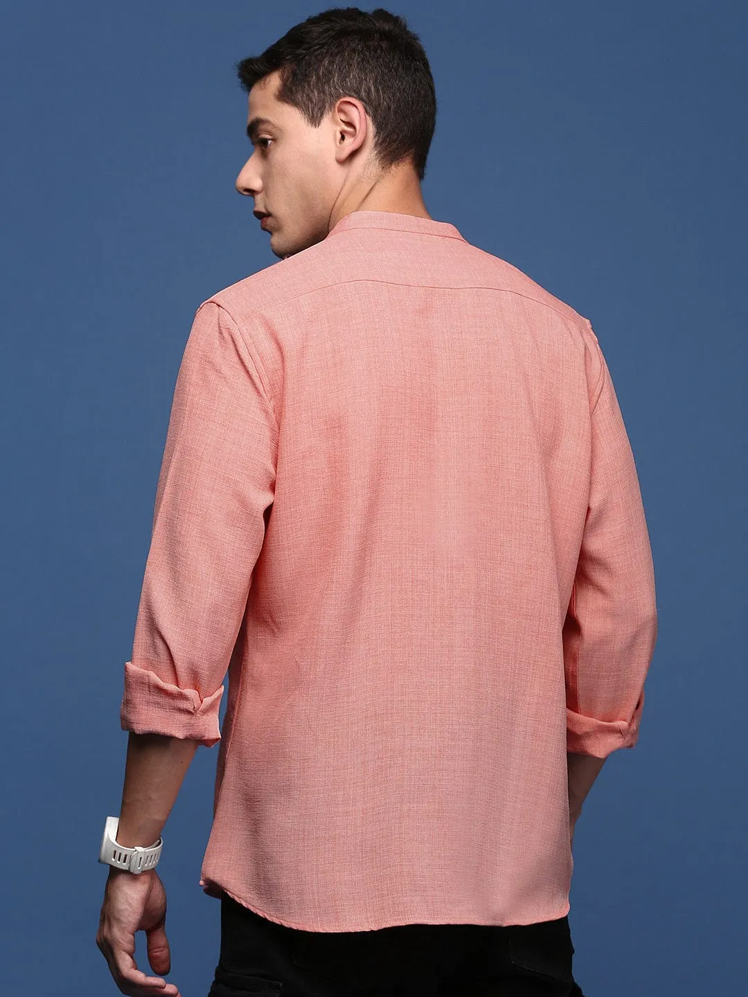 Men's Mandarin Collar Solid Peach Slim Fit Shirt NonSlip Grips