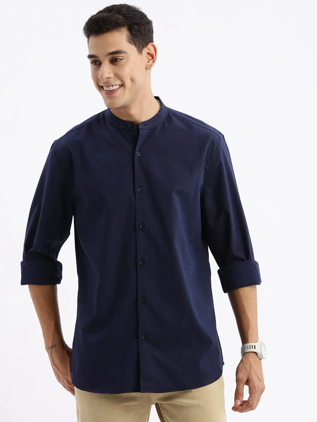 Men's Mandarin Collar Solid Slim Fit Navy Blue Shirt AI Style Opaque Core