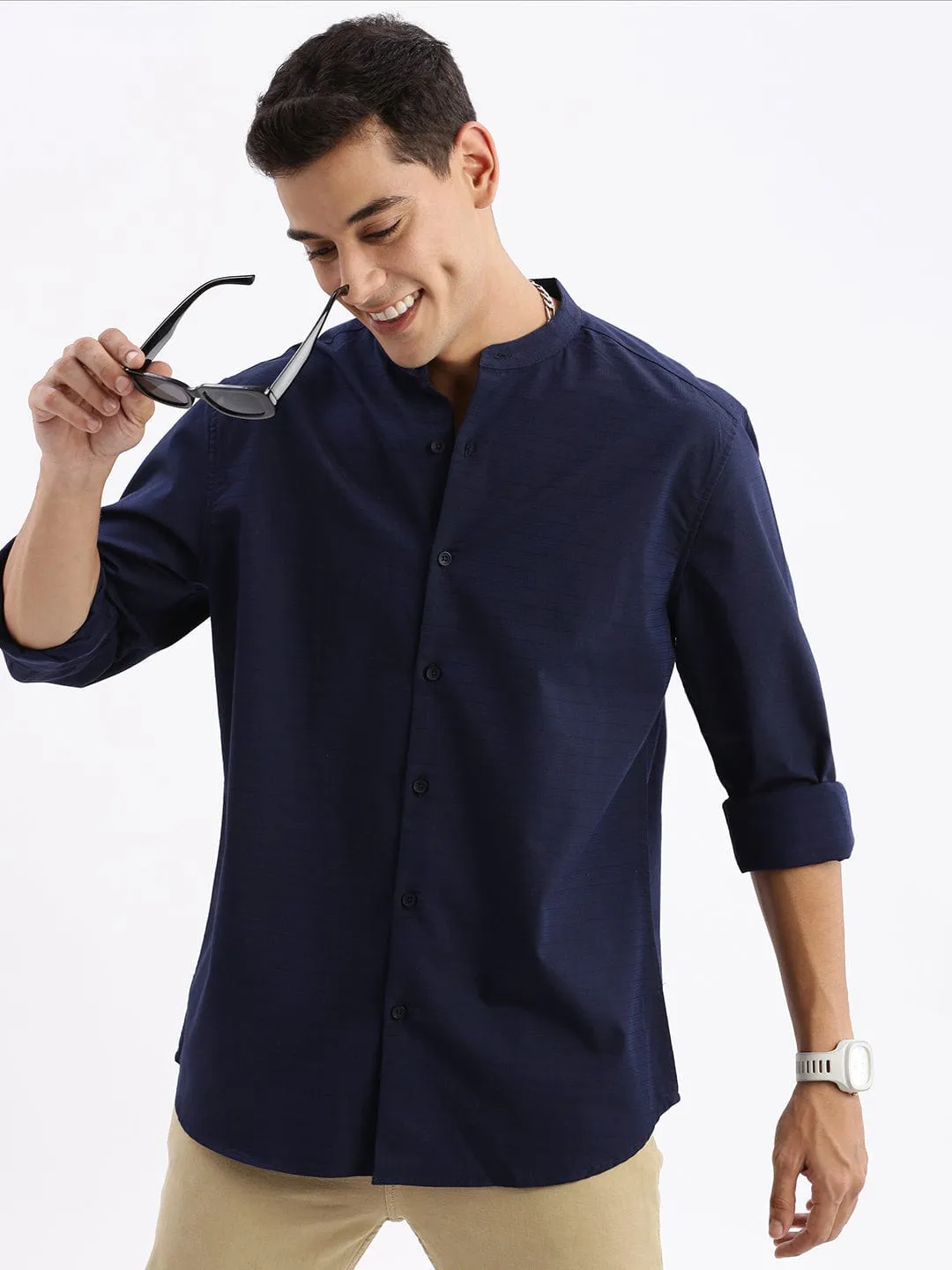 Men's Mandarin Collar Solid Slim Fit Navy Blue Shirt Relaxed Look