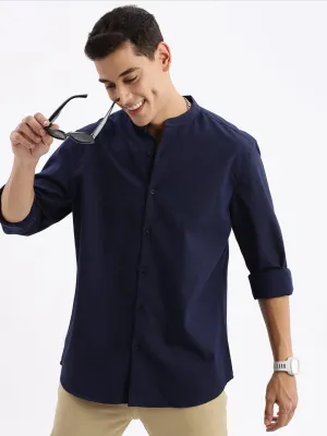 Men's Mandarin Collar Solid Slim Fit Navy Blue Shirt Relaxed Look