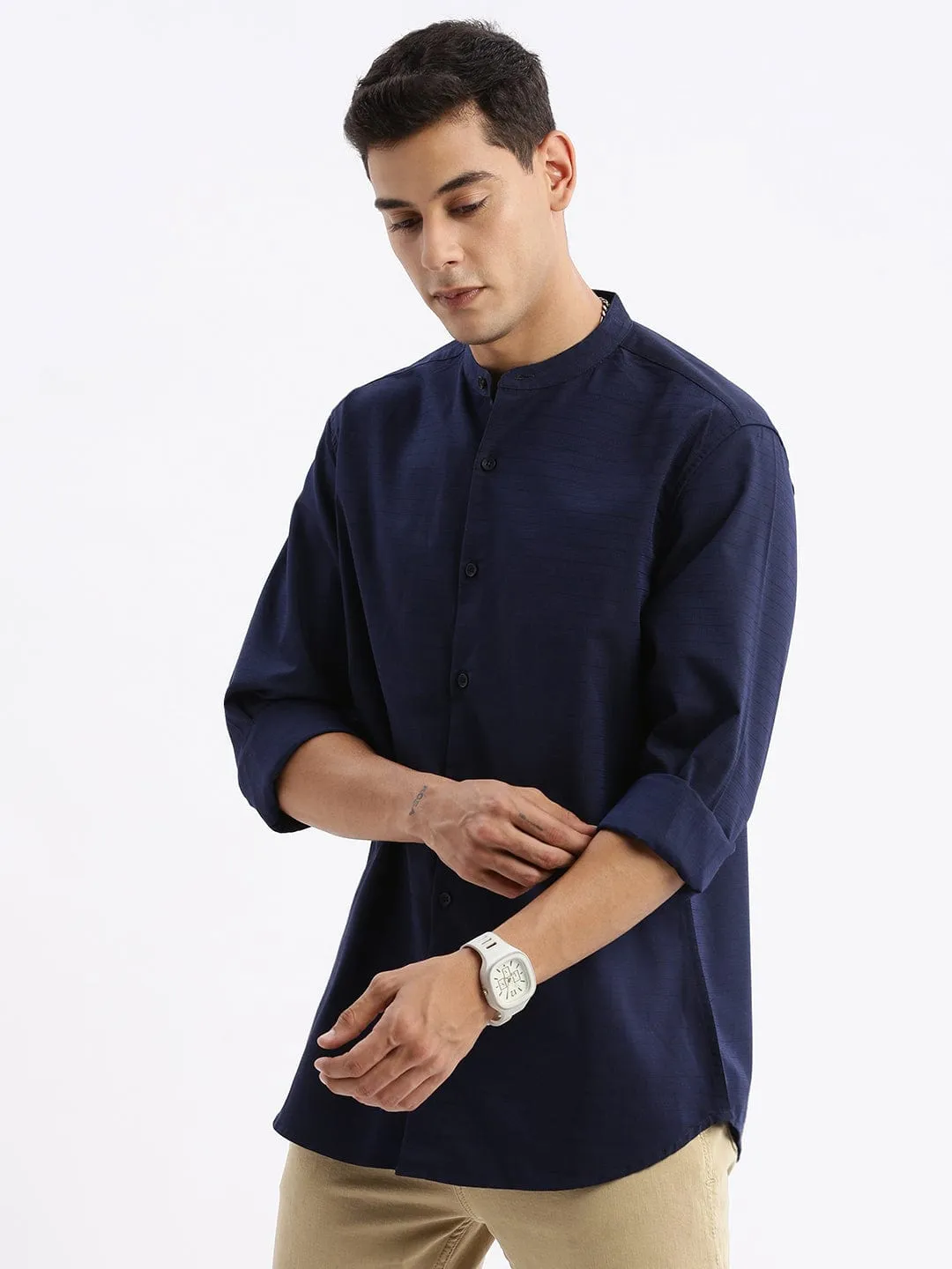 Professional Look Air Move Men's Mandarin Collar Solid Slim Fit Navy Blue Shirt