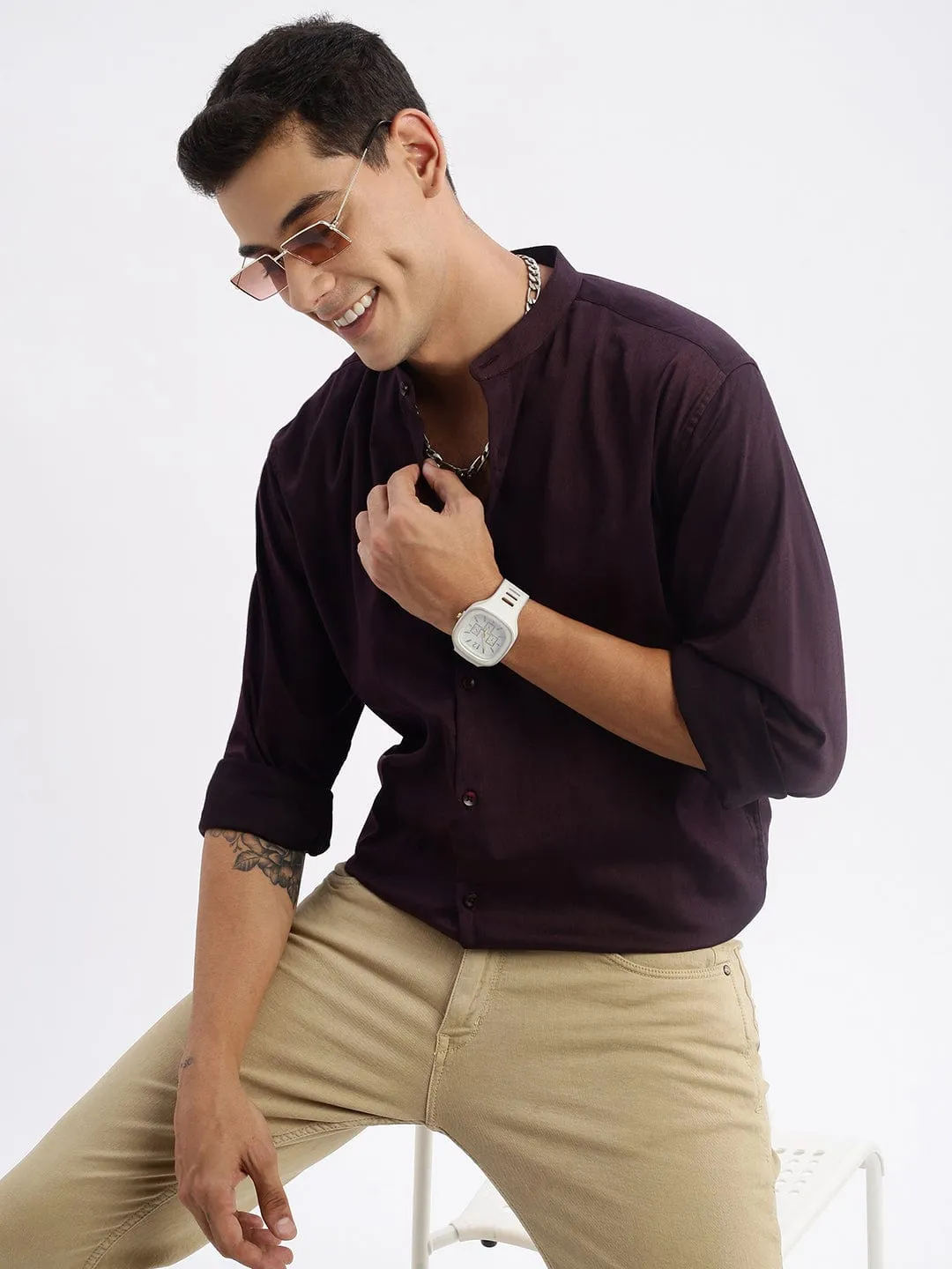 NonRestrictive Movement Men's Mandarin Collar Solid Slim Fit Purple Shirt