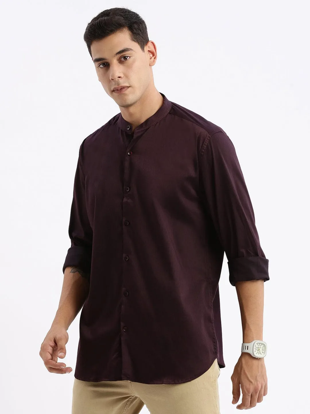 Men's Mandarin Collar Solid Slim Fit Purple Shirt Sharp Cut