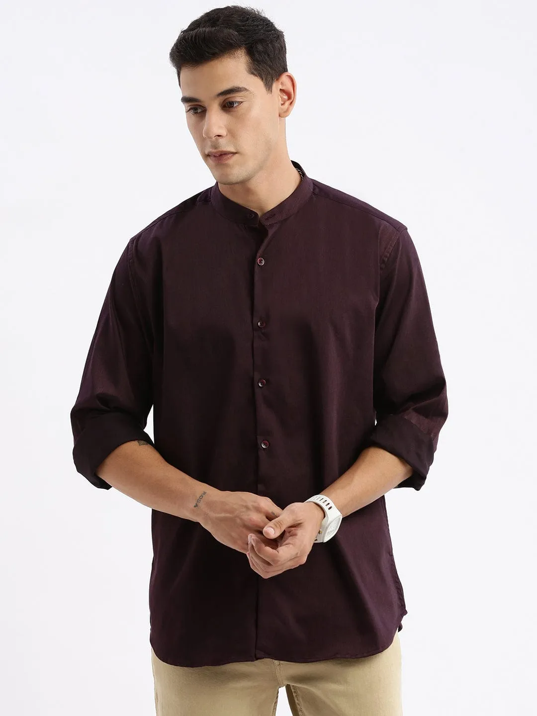 Joy Mood Men's Mandarin Collar Solid Slim Fit Purple Shirt