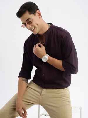 NonRestrictive Movement Men's Mandarin Collar Solid Slim Fit Purple Shirt
