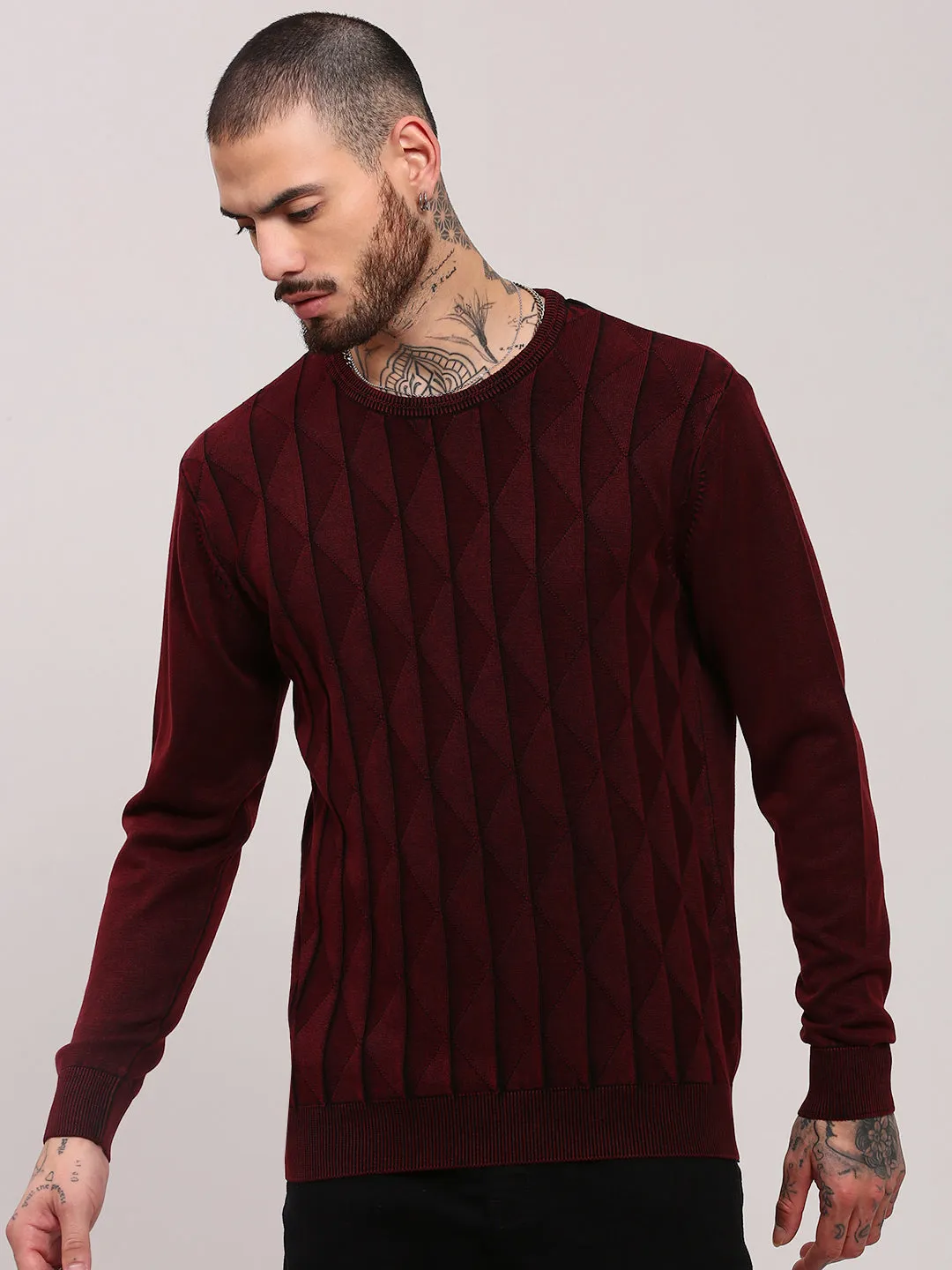 Men's Maroon Geometric Prints Sweater Breathable Merino Wool