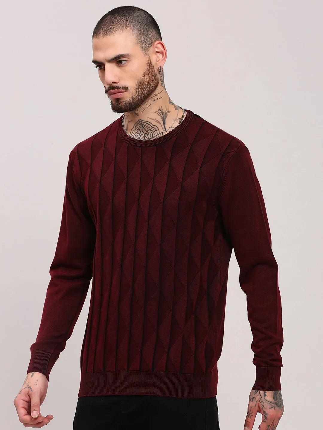 City Ready Cable Stitch Men's Maroon Geometric Prints Sweater