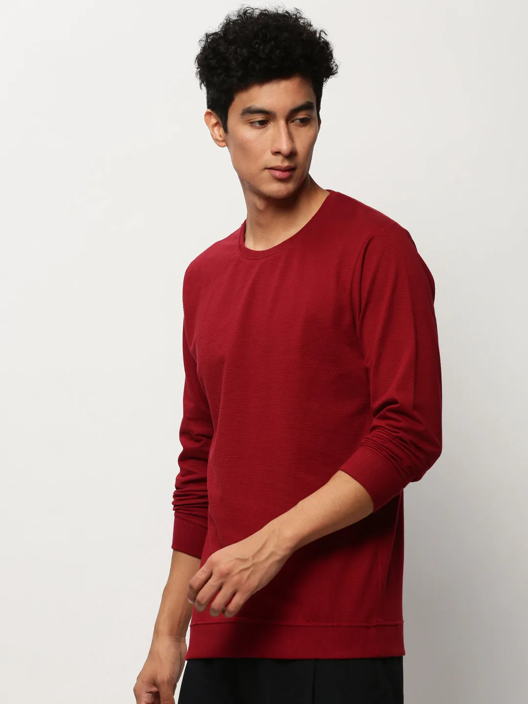 Stylish Look Men's Maroon Self Design cotton Pullover