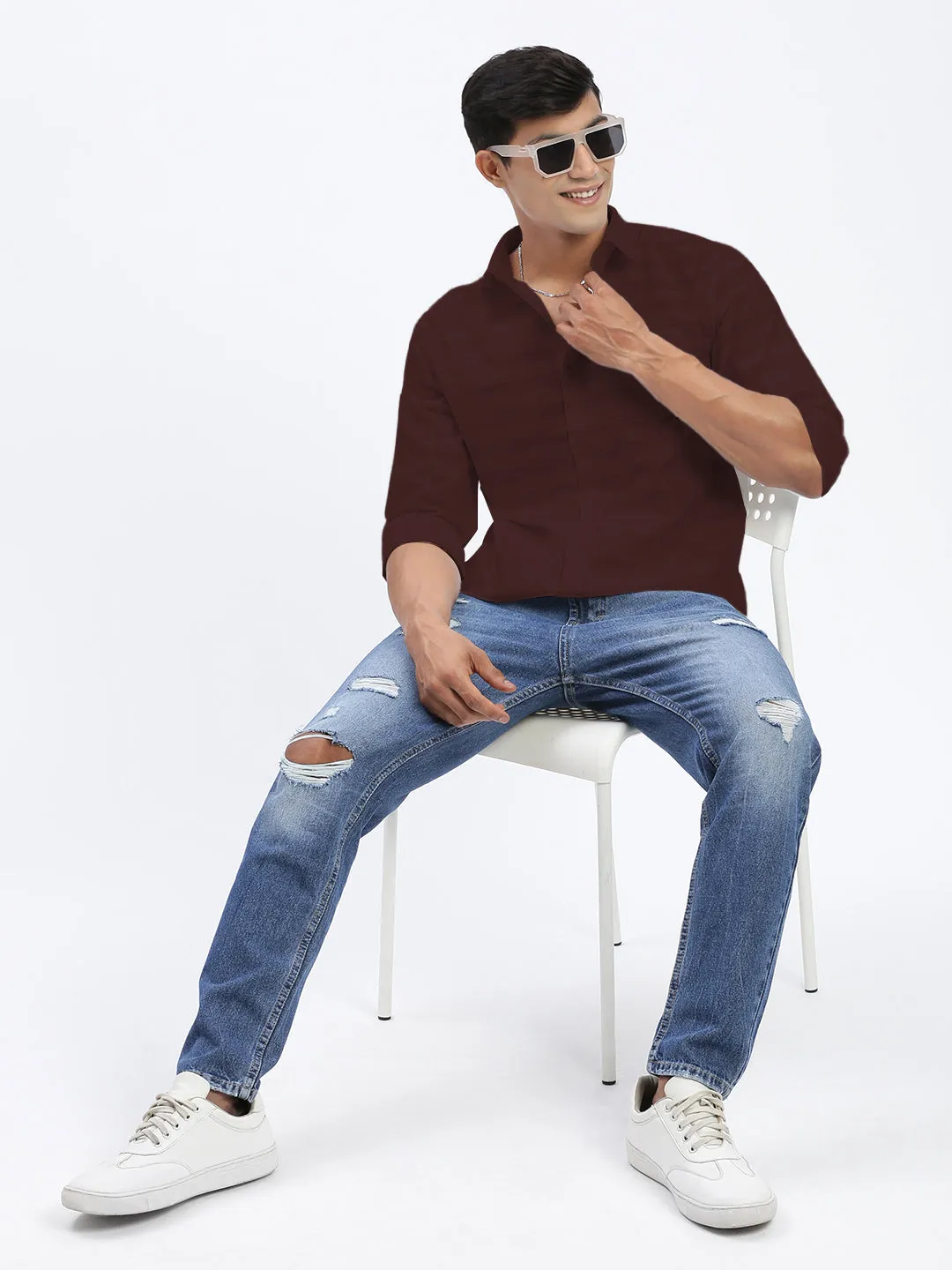 Men's Maroon Slim Fit Shirt With Chest Pocket Simple Dress Adaptable Outfit