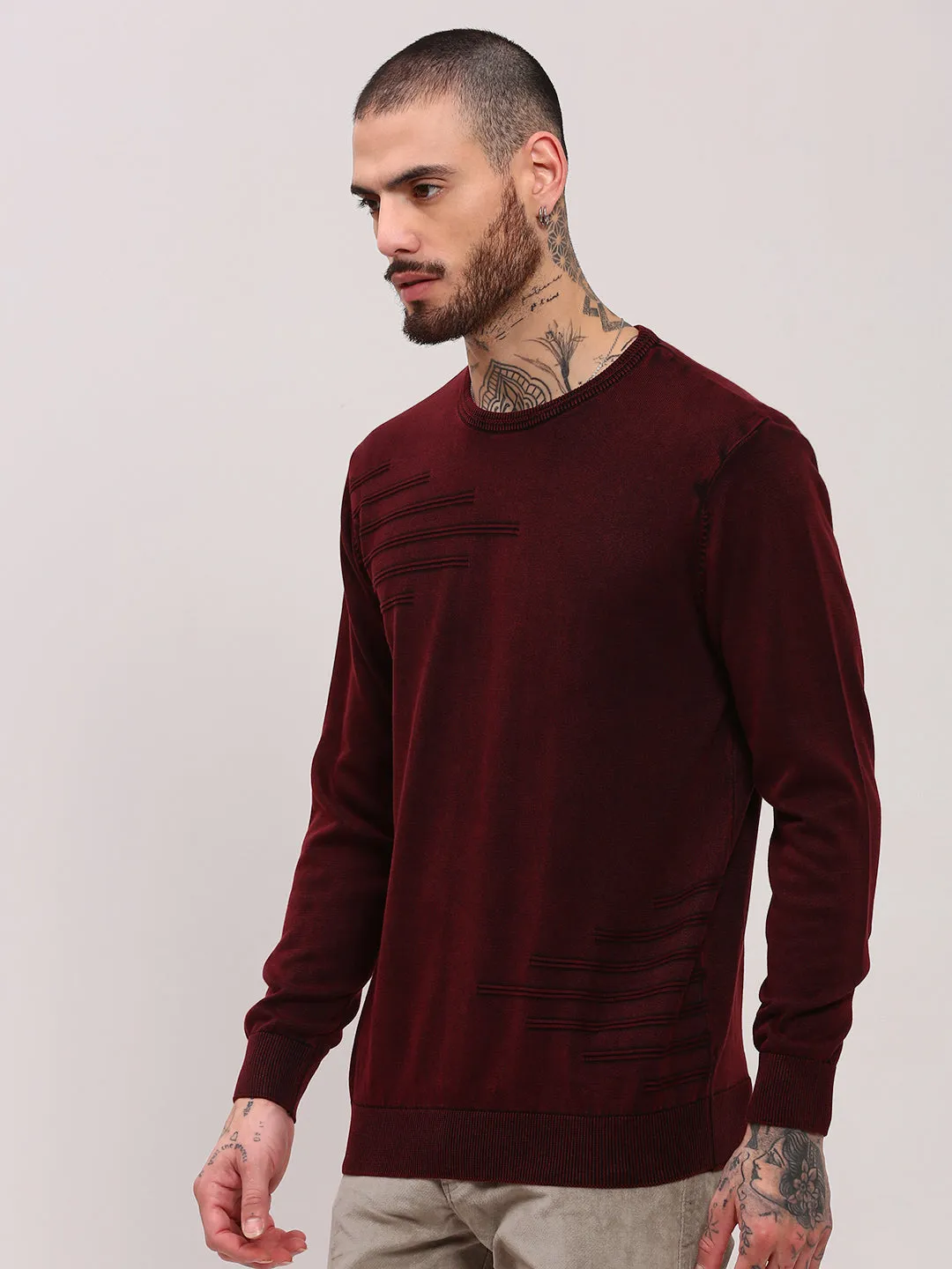 Men's Maroon Solid Casual Sweater Lightweight Stretch Fabric Cool Layering