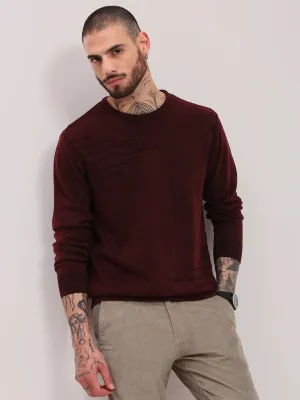 Outdoor Leisure Rolled Cuffs Men's Maroon Solid Casual Sweater