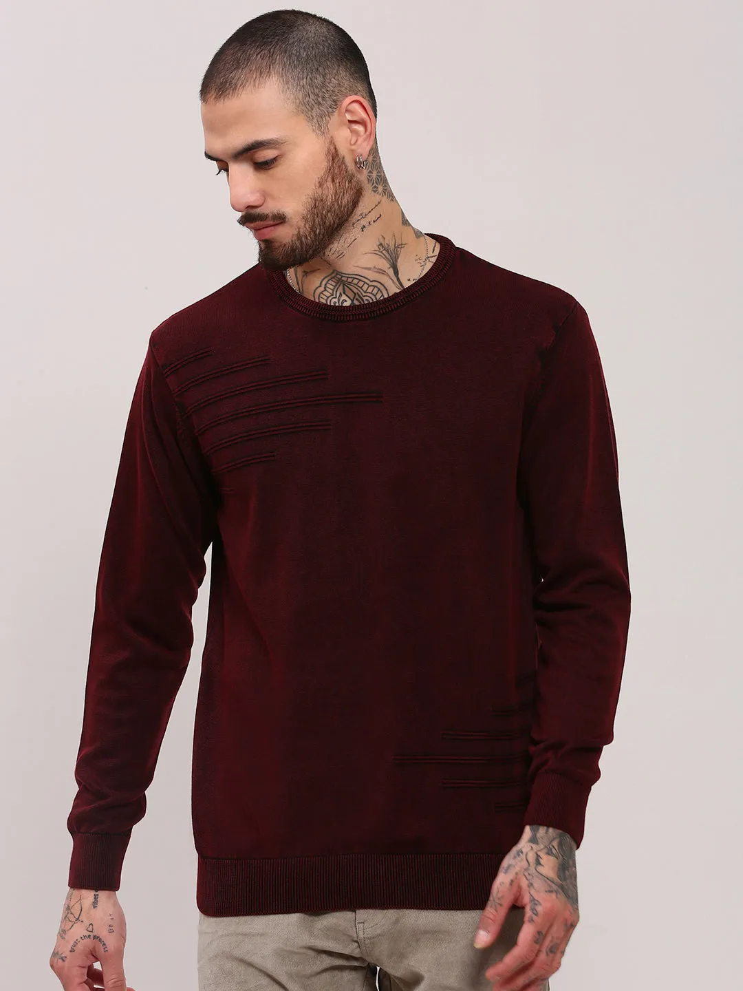 NonRestrictive Cuff Men's Maroon Solid Casual Sweater