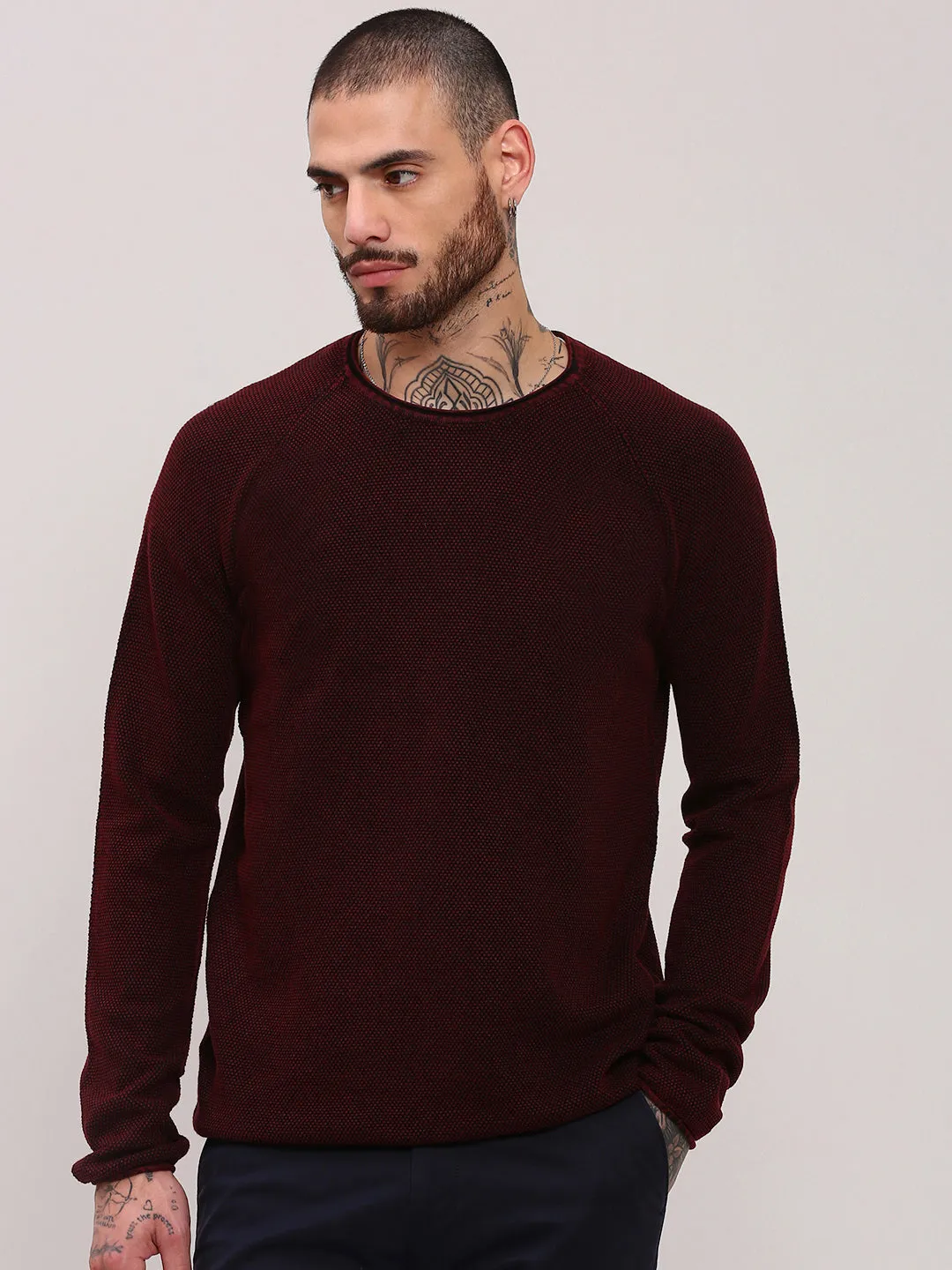 Cozy Lining Sustainable Material Men's Maroon Solid Cotton Sweater