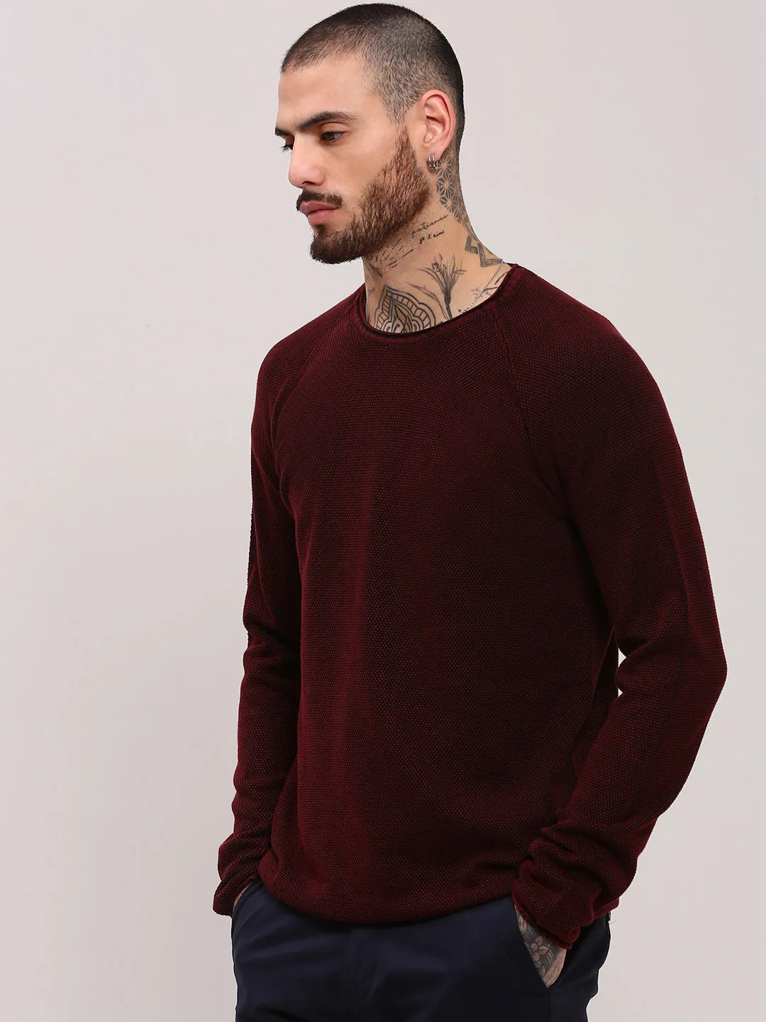 Men's Maroon Solid Cotton Sweater Thermal Insulation Knits Minimal Vibe