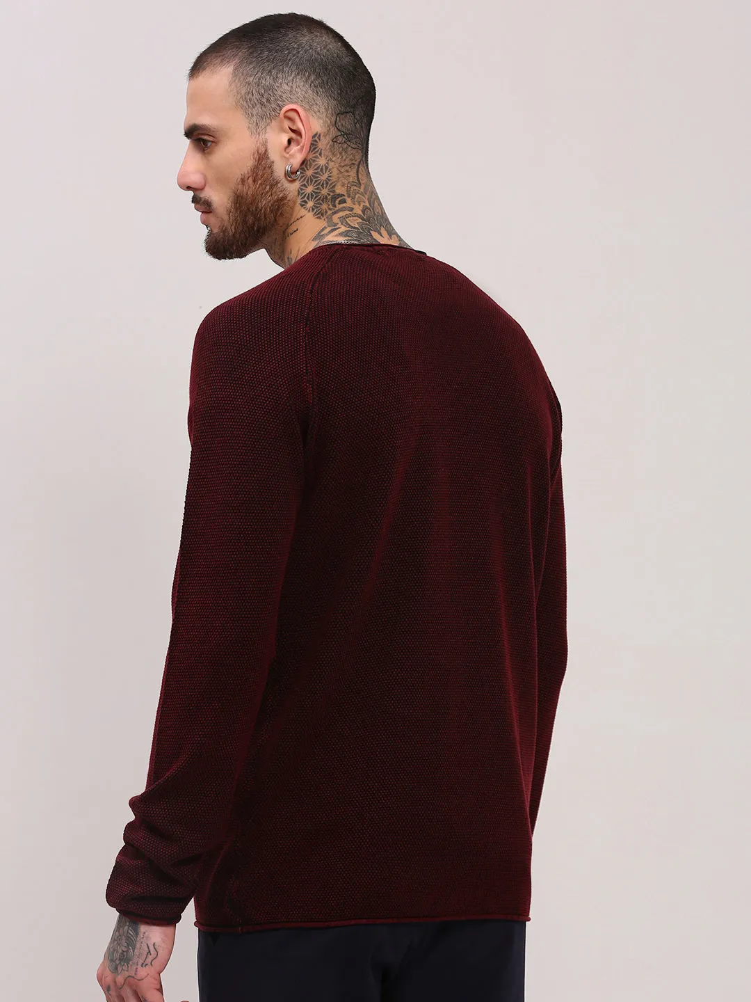 Men's Maroon Solid Cotton Sweater Everyday Classic Friction Resistant Edging