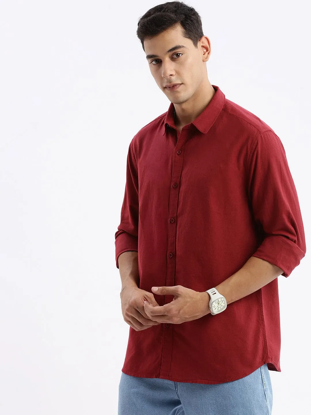 Fast Fit Virtual Mode Men's Maroon Standard Slim Fit Spread Collar Twill Weave Cotton Shirt