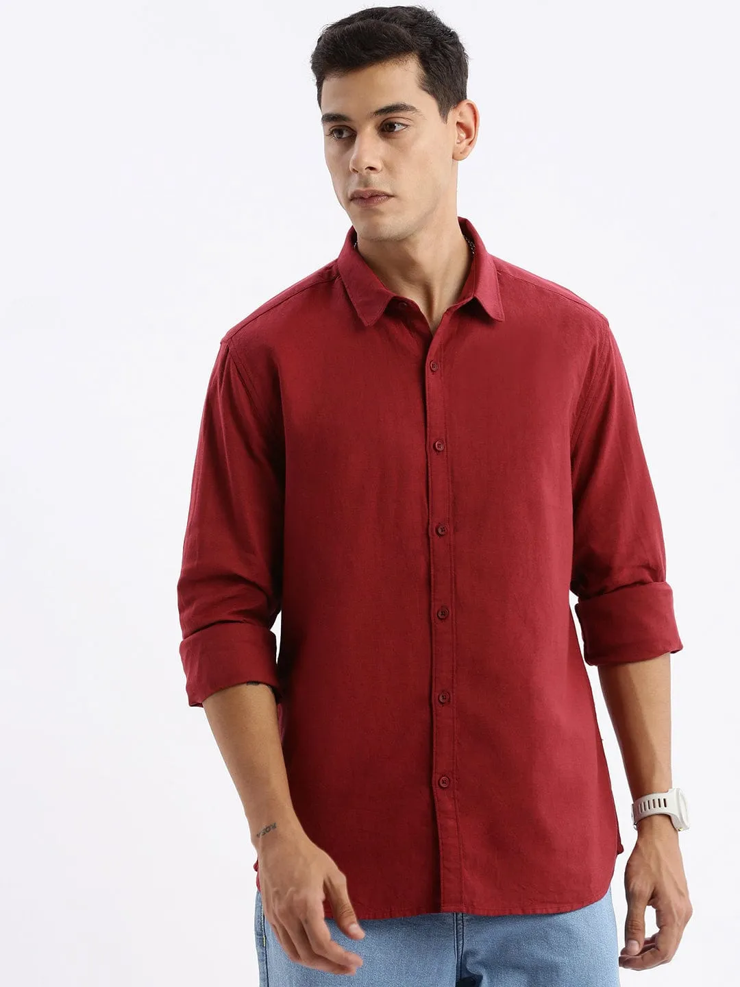 Fable Core Men's Maroon Standard Slim Fit Spread Collar Twill Weave Cotton Shirt