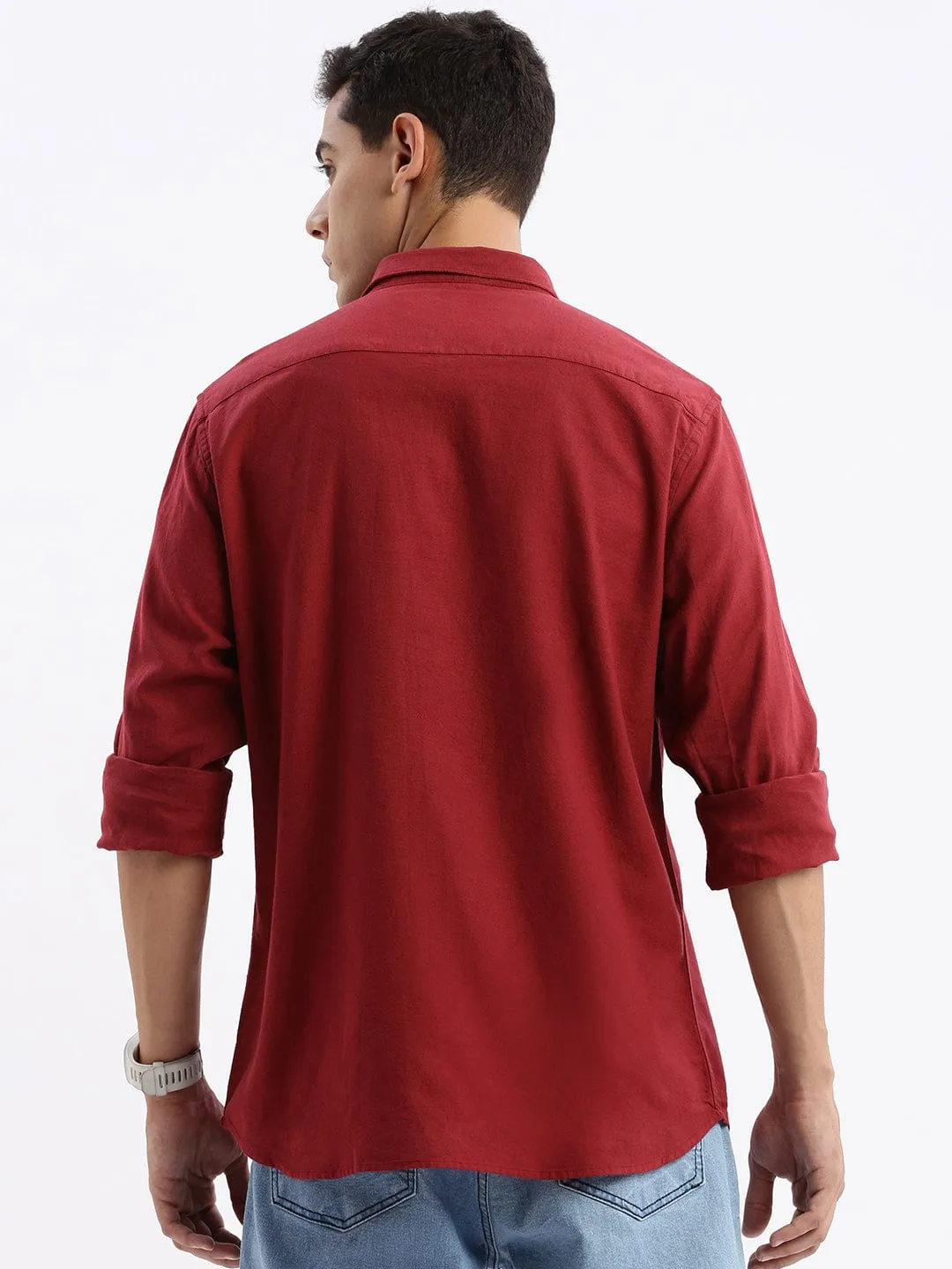Compact Packable Design Casual Trend Men's Maroon Standard Slim Fit Spread Collar Twill Weave Cotton Shirt