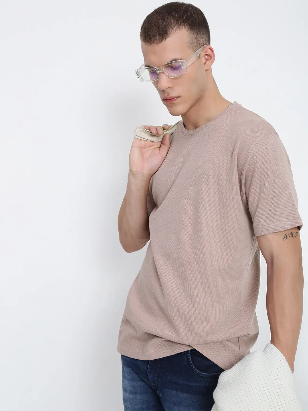 Casual Pants Men's Mauve Round Neck Regular Fit T-Shirt