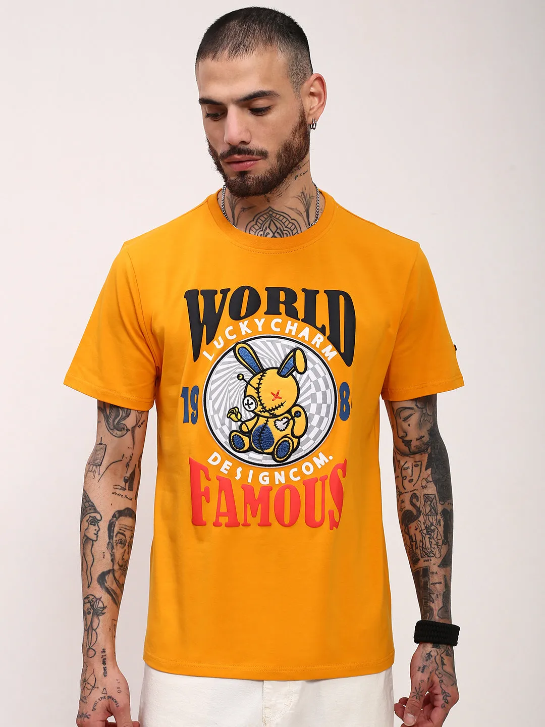 Smooth Texture Warm Top Men's Mustard Graphic Printed T-Shirt