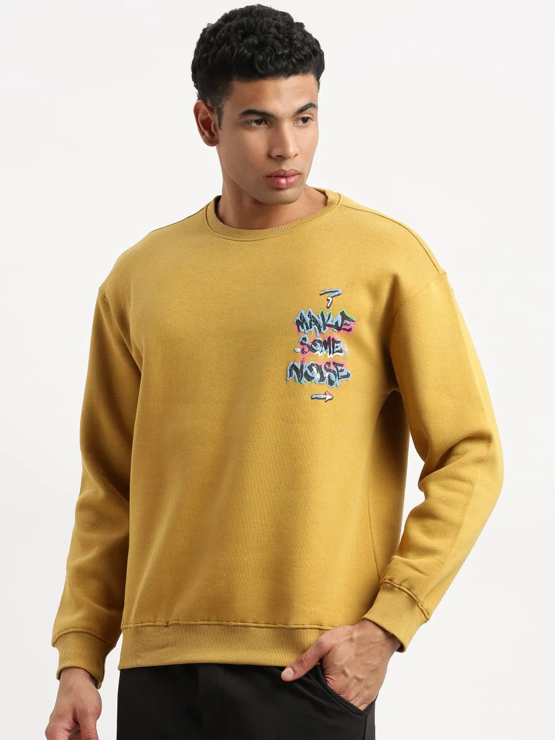 Men's Mustard Graphic Round Neck Pullover Cozy Hoodie Wear Timeless Relaxed