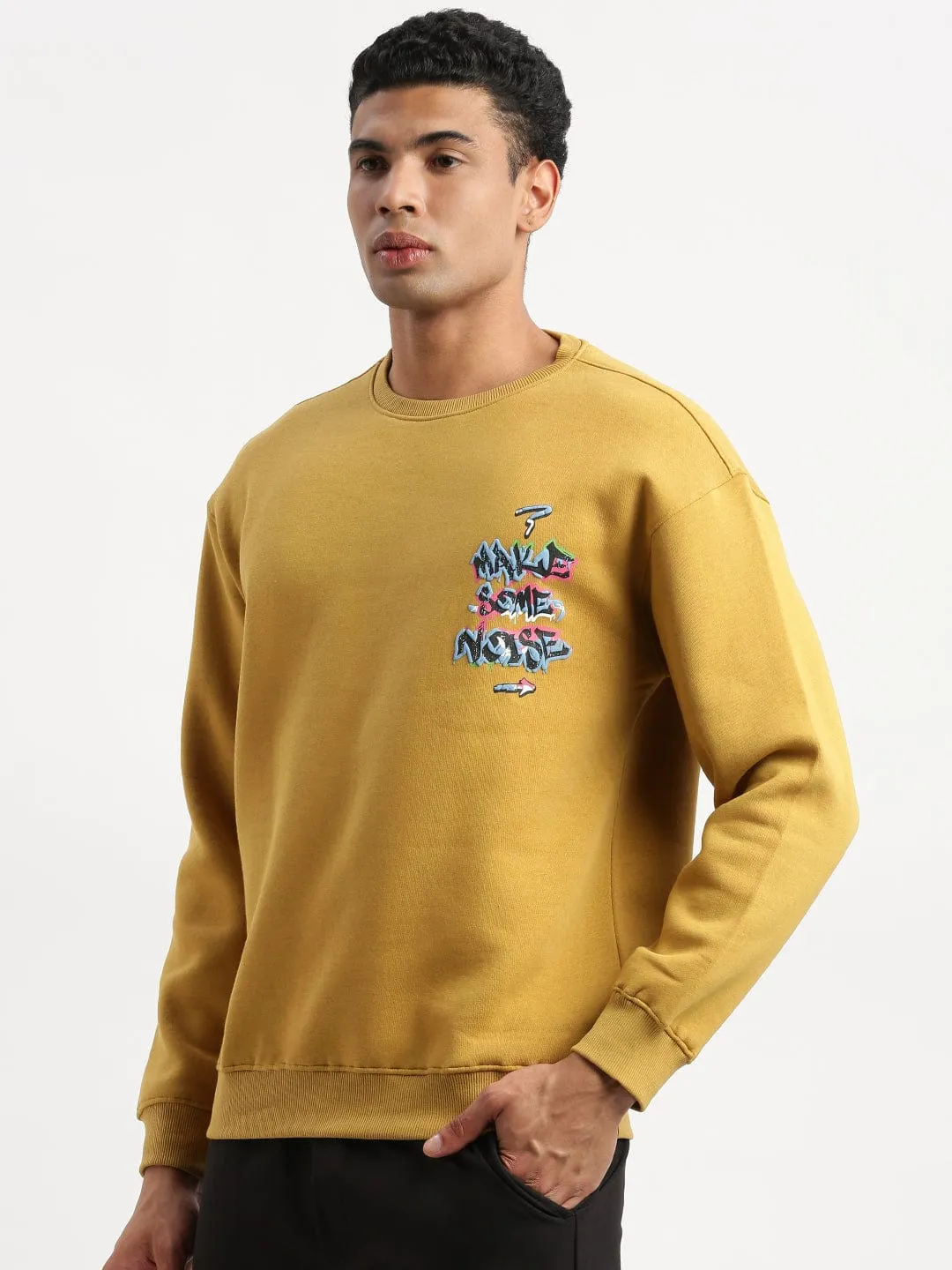 Men's Mustard Graphic Round Neck Pullover Embroidered Detail product inventory