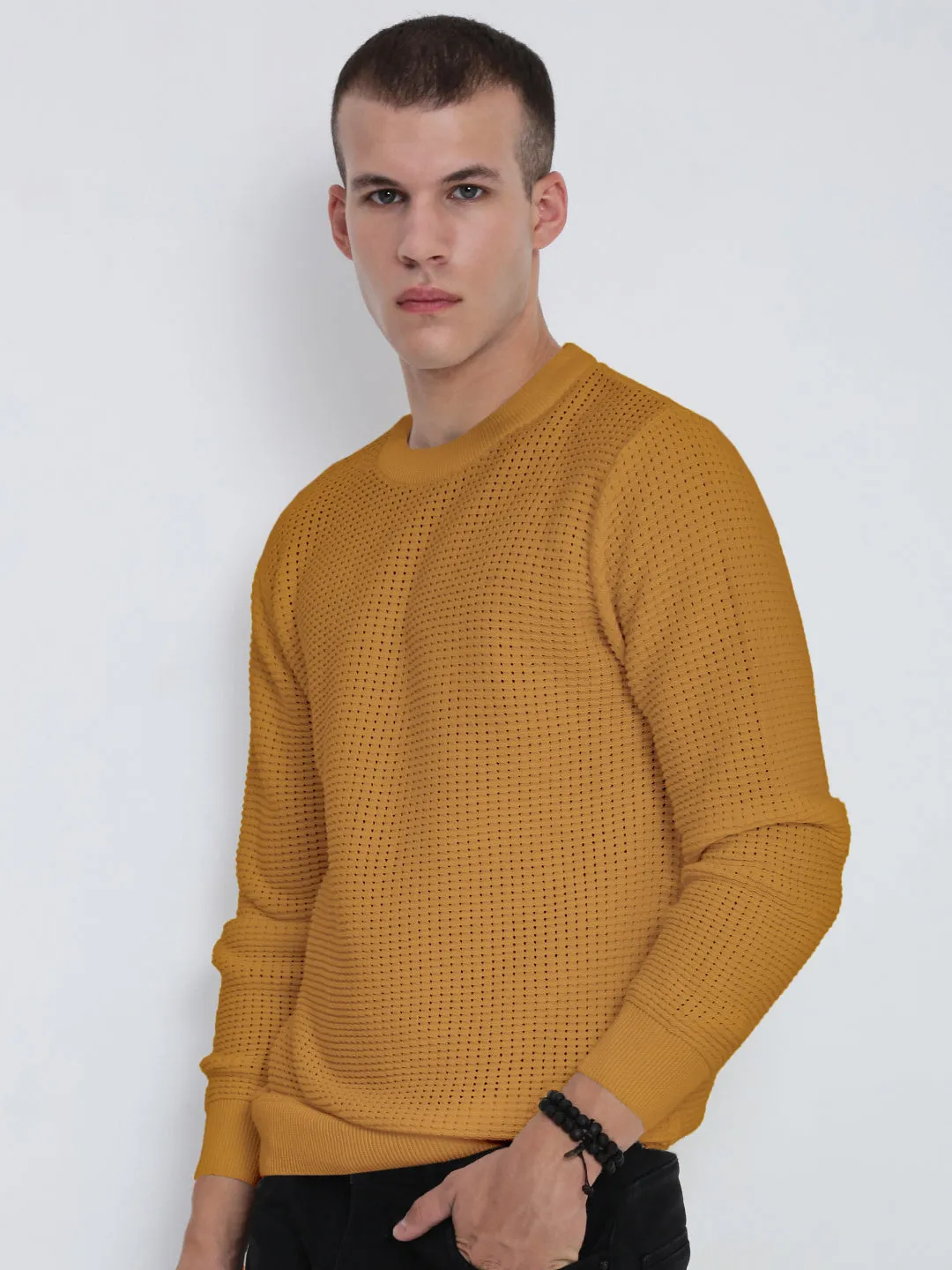 Simple Warmth Men's Mustard Ribbed Round Neck Sweater