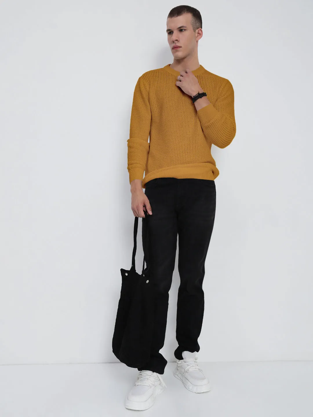 Men's Mustard Ribbed Round Neck Sweater Flexible Ribbing
