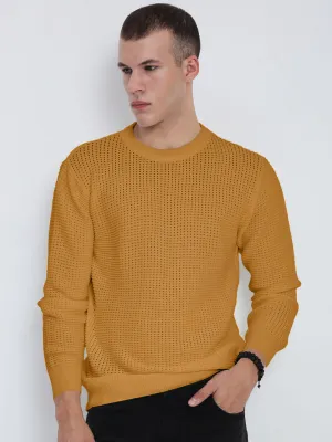 Men's Mustard Ribbed Round Neck Sweater Crewneck Style Simple Aesthetic