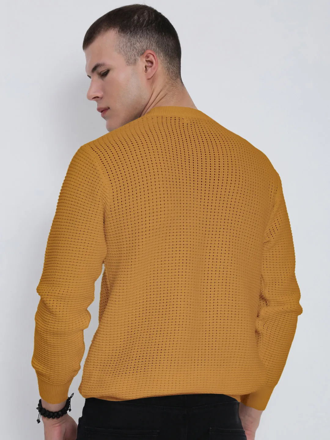 Men's Mustard Ribbed Round Neck Sweater Double Layer Thermal