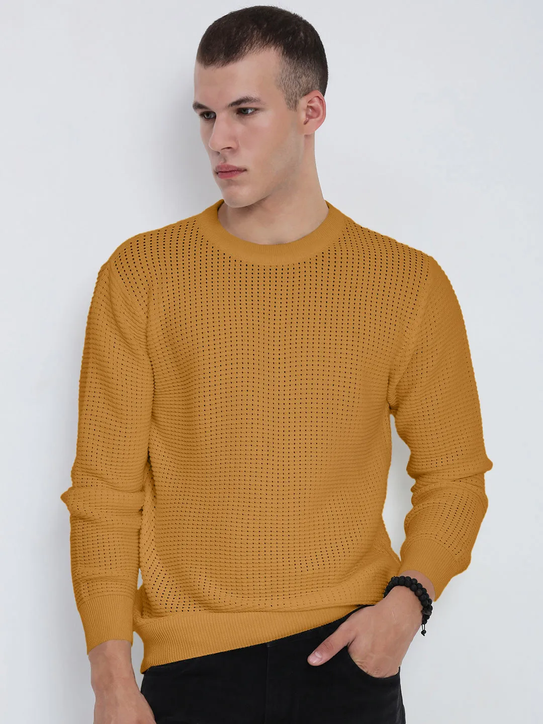 Men's Mustard Ribbed Round Neck Sweater Crewneck Style Simple Aesthetic