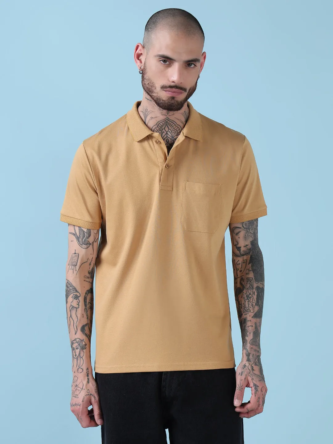 Modern Cut Men's Mustard Solid Polo Collar T-Shirt