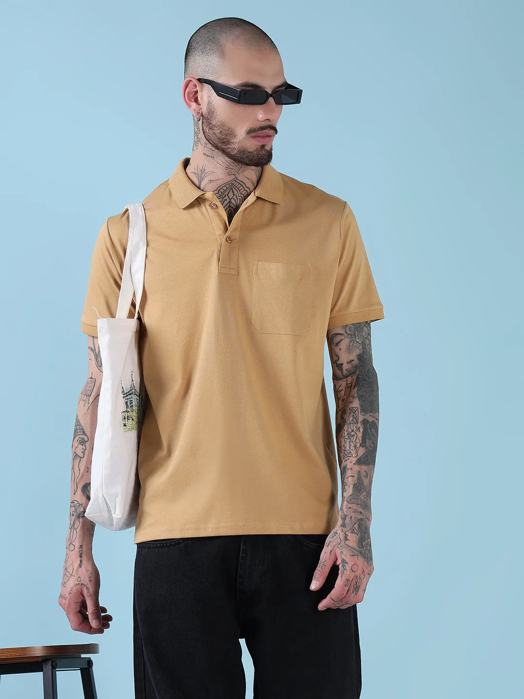 Men's Mustard Solid Polo Collar T-Shirt Sun Beam