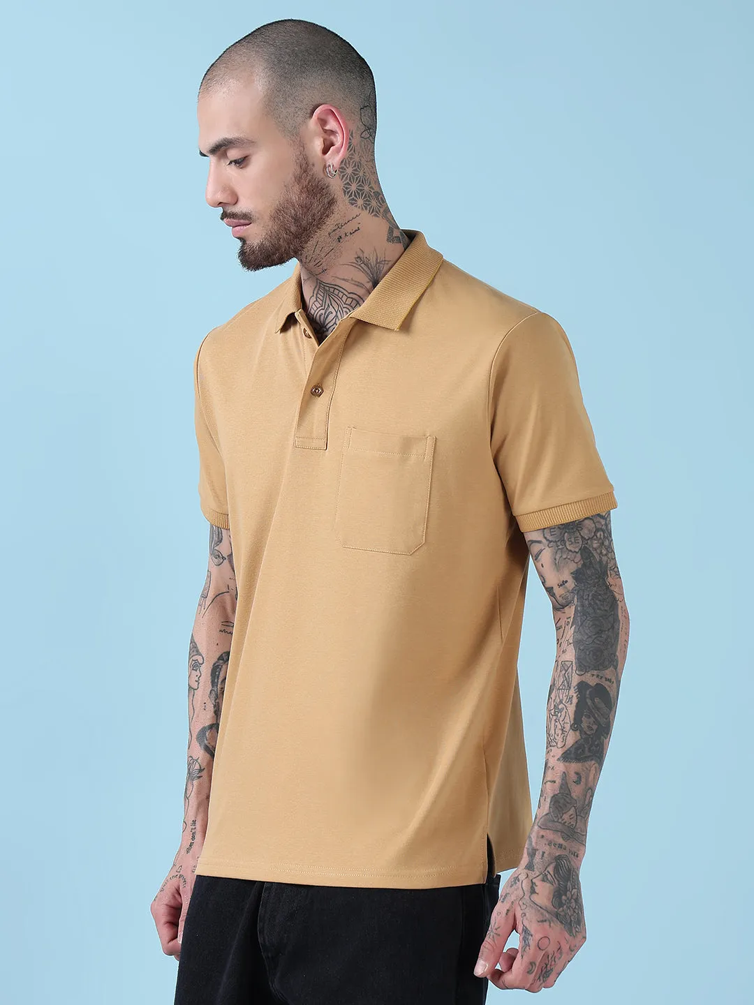 Men's Mustard Solid Polo Collar T-Shirt Reinforced Stitching pack light
