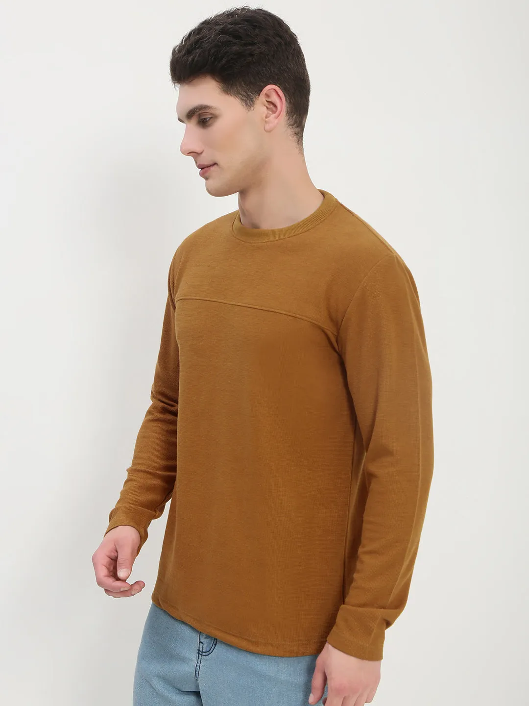 Men's Mustard Solid Round Neck T-Shirt Cold Protection