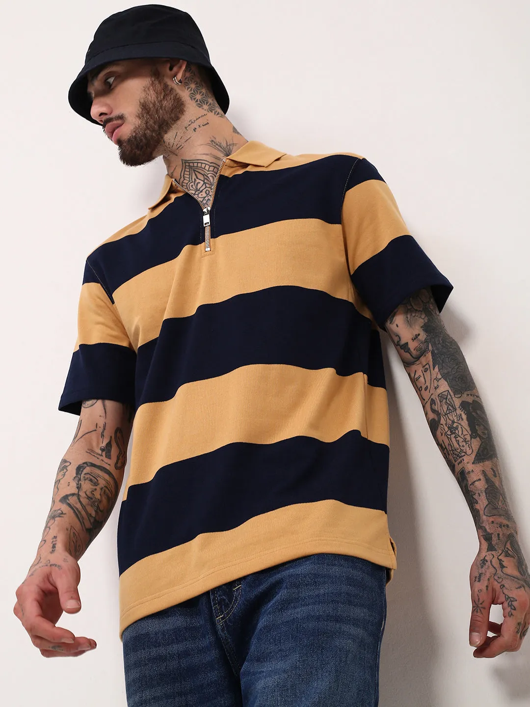 Modern Relaxed Men's Mustard Striped T-Shirt