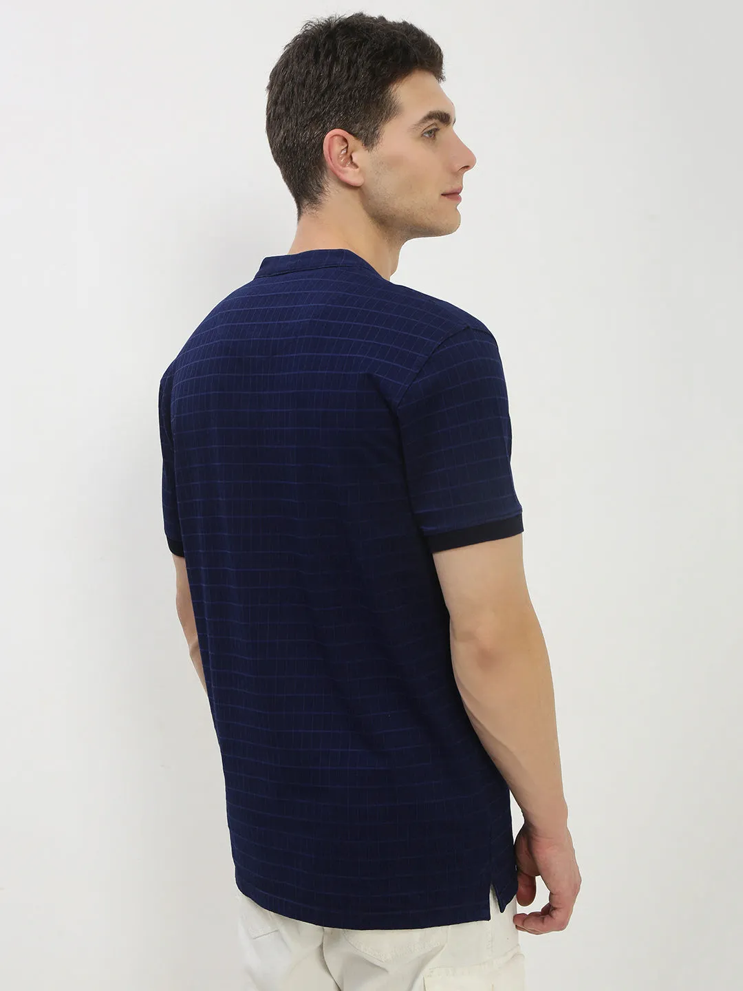 hook accents Layer Comfort Men's Navy Blue Checked Henley Collar T-Shirt